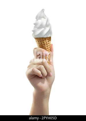 Una mano donna che tiene un cono gelato su uno sfondo bianco Foto Stock