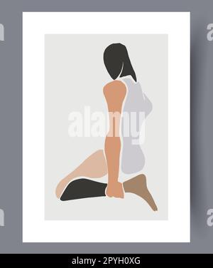 Ritratto donna estetica boho parete art stampa. Sfondo decorativo contemporaneo con boho. Opere d'arte da parete per il design degli interni. Stampa abstra minima Foto Stock