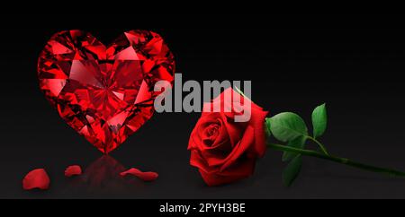 Diamante a forma di cuore, con romantica rosa rossa di San Valentino Foto Stock
