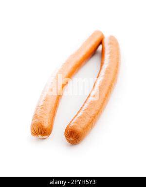 Salsicce gustose. Frankfurters isolati su sfondo bianco. Foto Stock