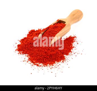 Paletta di legno piena di peperoncino rosso caldo Foto Stock