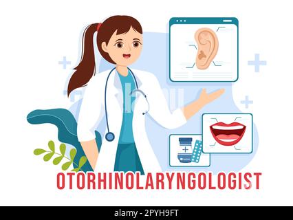 Illustrazione di Otorhinolaryngologist con medico relativa all'orecchio, al naso e alla gola in modelli di landing page disegnati a mano di Cartoon piano sanitario Foto Stock