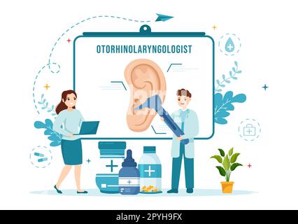 Illustrazione di Otorhinolaryngologist con medico relativa all'orecchio, al naso e alla gola in modelli di landing page disegnati a mano di Cartoon piano sanitario Foto Stock