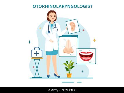 Illustrazione di Otorhinolaryngologist con medico relativa all'orecchio, al naso e alla gola in modelli di landing page disegnati a mano di Cartoon piano sanitario Foto Stock