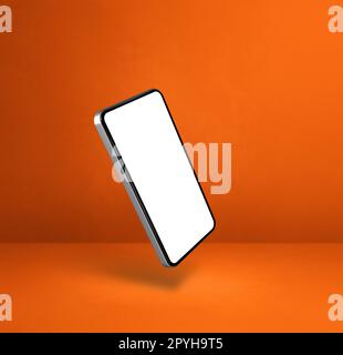 Smartphone vuoto che oscilla su uno sfondo arancione. 3D illustrazione isolata. Sagoma quadrata Foto Stock