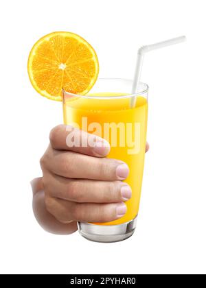 Giovane uomo che tiene succo d'arancia, primo piano colpo Foto Stock