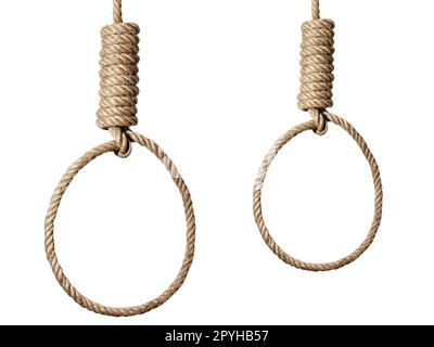 Cappio di corda con nodo di hangman appeso di fronte a sfondo bianco Foto Stock