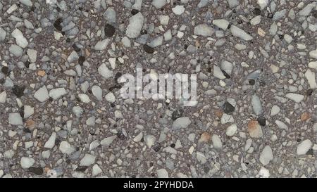 Superficie in calcestruzzo con macchie multicolore di piccole pietre. La parete grigia dell'edificio, la lastra di cemento o il gradino di granito. Primo piano. Superficie in cemento macchiato. Decorazioni interne o esterne Foto Stock