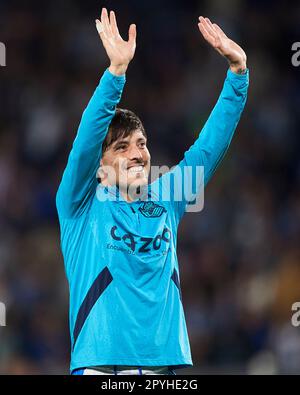 David Silva della Real Sociedad guarda durante la partita la Liga Santander tra Real Sociedad e Real Madrid CF allo stadio reale Arena il 2 maggio 202 Foto Stock