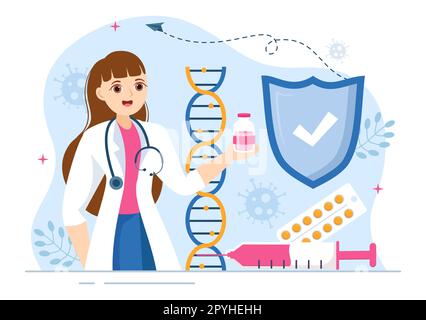 Immunologia Illustrazione con le persone sistema di protezione immunitaria aiutare a sbarazzarsi di infezioni e batteri dannosi in Cartoon modelli disegnati a mano Foto Stock