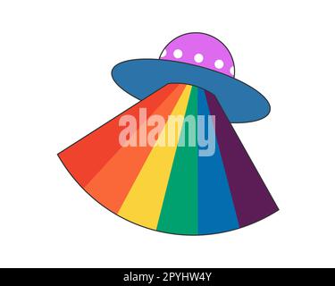 Retro groovy Hippster UFO con raggi arcobaleno. Piattino volante di ippie psichedeliche con fascio di colori iridescenti. Hippy vintage astratto adesivo pazzo. Elegante pop art Y2K elemento colorato. Vettore eps trippy Illustrazione Vettoriale