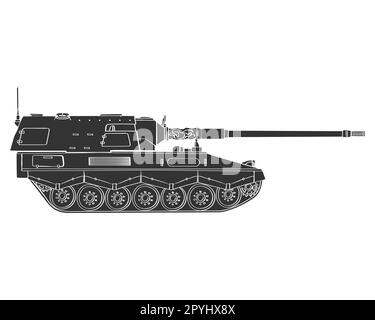 Veicolo blindato militare nero doodle. Dispositivo di howitzer semovente. Tedesco 155 mm Panzerhauditze 2000. Illustrazione isolata su sfondo bianco. Foto Stock