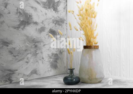 Vasi con bellissimi fiori secchi e sfondi a due lati in studio fotografico Foto Stock