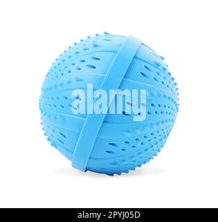 Sfera blu chiaro per lavatrice isolata su bianco. Detergente sostitutivo per bucato Foto Stock