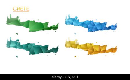 Set di mappe poligonali vettoriali di Creta. Mappa dell'isola con gradiente luminoso in basso stile polietilene. Illustrazione Vettoriale