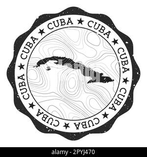 Francobollo all'aperto Cuba. Adesivo rotondo con mappa del paese con isoline topografiche. Illustrazione vettoriale. Illustrazione Vettoriale