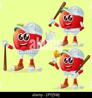 Set di simpatici personaggi della mela che giocano a baseball. Ideale per bambini, articoli e adesivi, promozioni per banner o blog Illustrazione Vettoriale