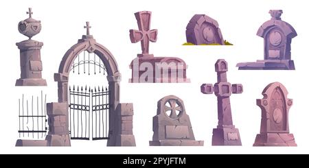 Set di cartoni animati di elementi di design del vecchio cimitero isolato su sfondo bianco. Illustrazione vettoriale di tombe in pietra gotica, croci antiche spaccate, cancello del cimitero. Posto infestato da paura. Arredamento di Halloween Illustrazione Vettoriale