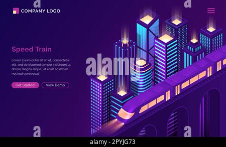 Pagina di destinazione isometrica del treno di velocità. Moderna locomotiva elettrica della metropolitana che cavalca sul ponte sopra il futuristico paesaggio urbano con edifici al neon e illuminazione luminosa. Illustrazione vettoriale del percorso ferroviario 3D Illustrazione Vettoriale