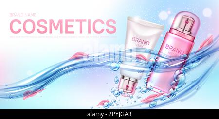 Bottiglie per cosmetici galleggianti in acqua con petali di rosa e bolle d'aria sfondo mockup. Bellezza prodotti cosmetici tubi, trucco rimozione, crema o tonico annuncio poster realistico 3D vettore illustrazione, banner Illustrazione Vettoriale