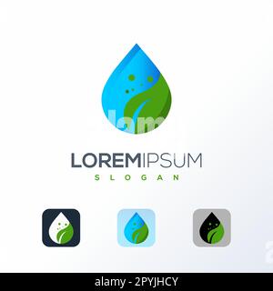 Disegno illustrativo vettoriale modello logo goccia acqua. Concetto di onda. Acqua pulita con foglia, icona goccia d'acqua Illustrazione Vettoriale