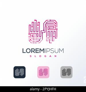 Modello di logo creativo a mano digitale. Braccio robot, tecnologia futuristica, cyber sicurezza astratto logo aziendale. VR touch, elettronico, automazione, Illustrazione Vettoriale