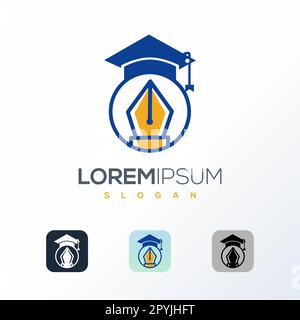 Modello vettoriale per la progettazione di logo Education e Graduation. Tappo graduato e logo con penna. Illustrazione Vettoriale