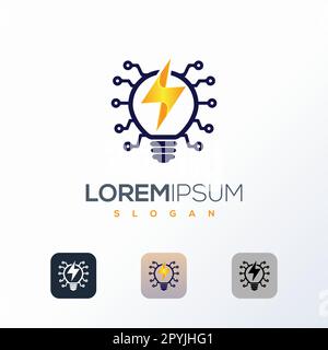Modello di design con logo a lampadina elettrica. Concetto di icona con il logo di una lampadina e di un microcircuito. Illustrazione vettoriale. Illustrazione Vettoriale