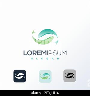 Modello di logo Fish. Icona del concetto di logo del negozio del ristorante di pesce. Pesci con onde e spruzzi d'acqua Illustrazione Vettoriale