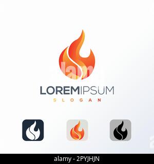 Modello con logo Fire. Illustrazione vettoriale. Colori rosso, arancione e nero. Elemento del logotipo vettoriale per l'identità aziendale. Illustrazione Vettoriale