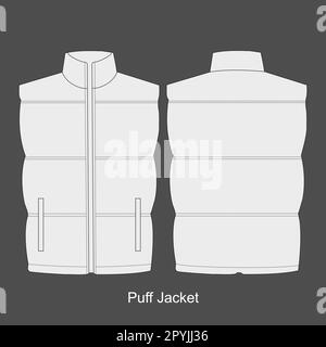 Giubbotto da disegno tecnico. Modello disegno tecnico giacca, manica corta, tasca, vista frontale e posteriore, bianco, donna, unisex CAD mockup Illustrazione Vettoriale