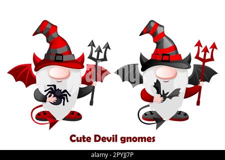 Cartoon Devil Gnomes con il tridente diavoli. Carattere leprechaun di Halloween Illustrazione Vettoriale