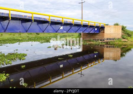 Nuovo ponte in acciaio della Transpantaneira che attraversa un fiume nelle paludi di Pantanal Nord, Mato Grosso, Brasile Foto Stock