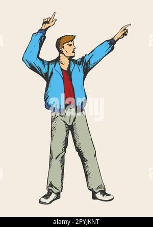 Lo schizzo di una persona si porge verso l'alto, puntando le dita Illustrazione Vettoriale