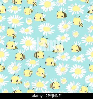 Modello senza cuciture con fiore Daisy e cartoon Bees su sfondo blu Illustrazione Vettoriale