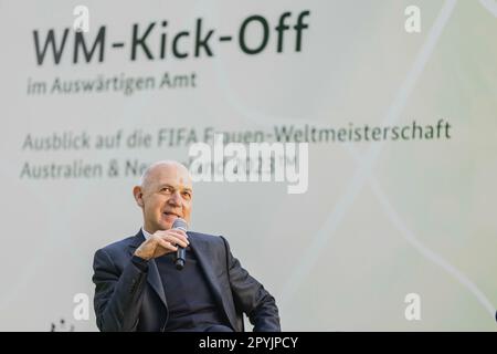 Berlino, Germania. 03rd maggio, 2023. Bernd Neuendorf, presidente del DFB, ha preso il via alla Coppa del mondo all'Ufficio federale degli esteri di Berlino, 3 maggio 2023. Credit: dpa/Alamy Live News Foto Stock