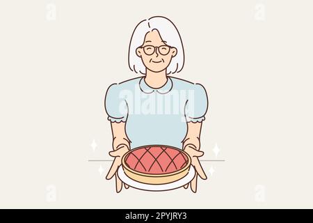 Nonna più anziana sorridente in bicchieri tenere torta fatta in casa in mano. Felice donna matura offrire torta gustosa. Concetto di hobby anziano. Illustrazione vettoriale. Foto Stock