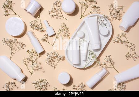 Tubi, vasetti e rami di gypsophila bianchi in plastica su sfondo beige, contenitori per creme e gel cosmetici, pubblicità e promozione del marchio, vista dall'alto Foto Stock