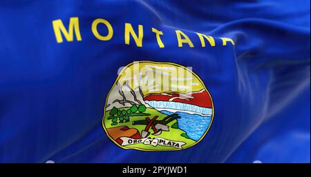 Primo piano dell'ondulazione della bandiera dello stato del Montana. Bandiera blu con stemma al centro. 3d rappresentazione dell'illustrazione. Primo piano. Sfondo tessuto testurizzato. Selezionare Foto Stock