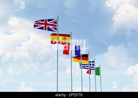 Bandiere dei paesi europei Gran Bretagna, Spagna, Francia, Germania, Grecia e Italia Foto Stock