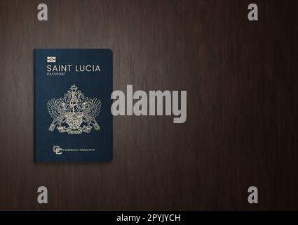 Nuovo passaporto Santa Lucia su sfondo ligneo Foto Stock