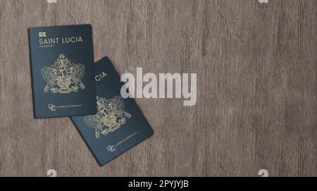 Nuovi passaporti di Santa Lucia su sfondo ligneo Foto Stock