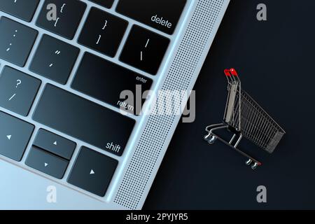 Carrello una tastiera per laptop. Concetto di e-commerce. Rendering 3D Foto Stock