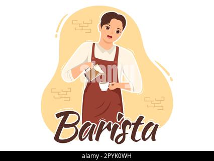 Illustrazione del barista con grembiule in piedi che prepara il caffè per il cliente nella landing page disegnata a mano su cartoon piano o nel modello di banner Web Foto Stock