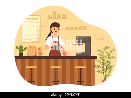 Illustrazione del barista con grembiule in piedi che prepara il caffè per il cliente nella landing page disegnata a mano su cartoon piano o nel modello di banner Web Foto Stock