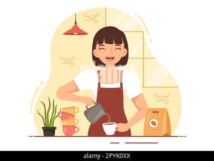 Illustrazione del barista con grembiule in piedi che prepara il caffè per il cliente nella landing page disegnata a mano su cartoon piano o nel modello di banner Web Foto Stock