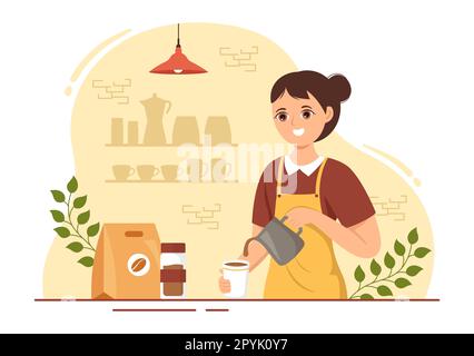 Illustrazione del barista con grembiule in piedi che prepara il caffè per il cliente nella landing page disegnata a mano su cartoon piano o nel modello di banner Web Foto Stock