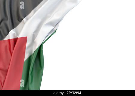 Bandiera della Palestina all'angolo su sfondo bianco. Rendering 3D. Isolato Foto Stock