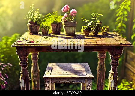 Tavolo in legno d'epoca con fiori in pentole. Foto in vecchio stile di immagine a colori Foto Stock