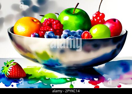 Frutta colorata in una ciotola su sfondo bianco, primo piano Foto Stock